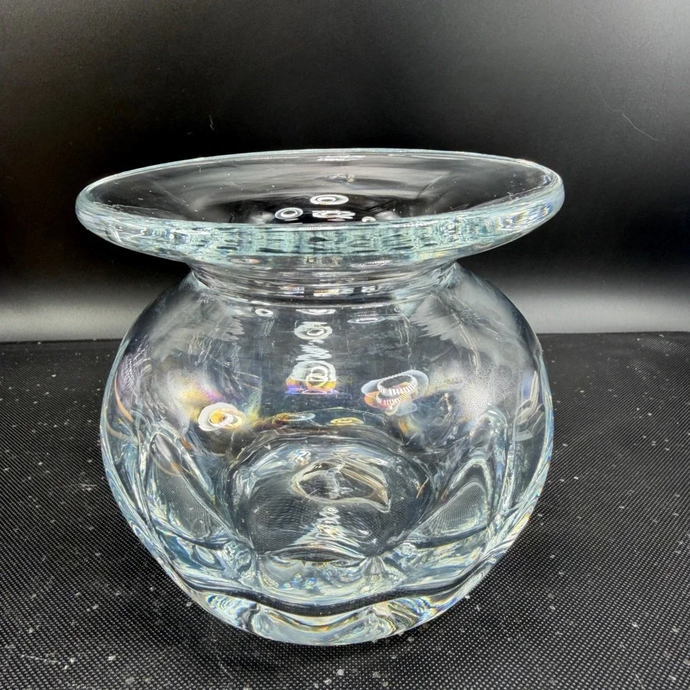 Blenko Clear Optic Glass Rose Bowl Vase Hand Blown Flared Rim Heavy Glass 4 Inch